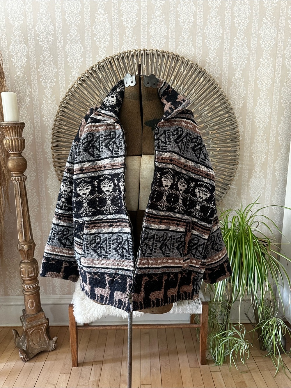 Vintage Peruvian Alpaca Wool Zip Jacket Unisex Medium
